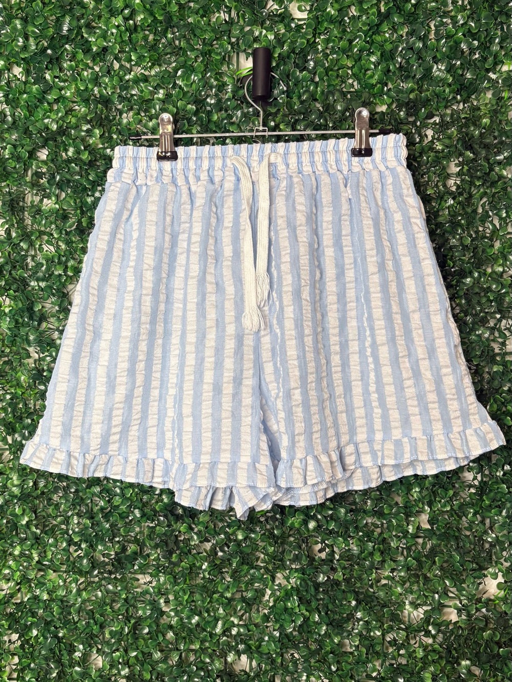 Striped High-Waist Drawstring Shorts in Light Blue & White